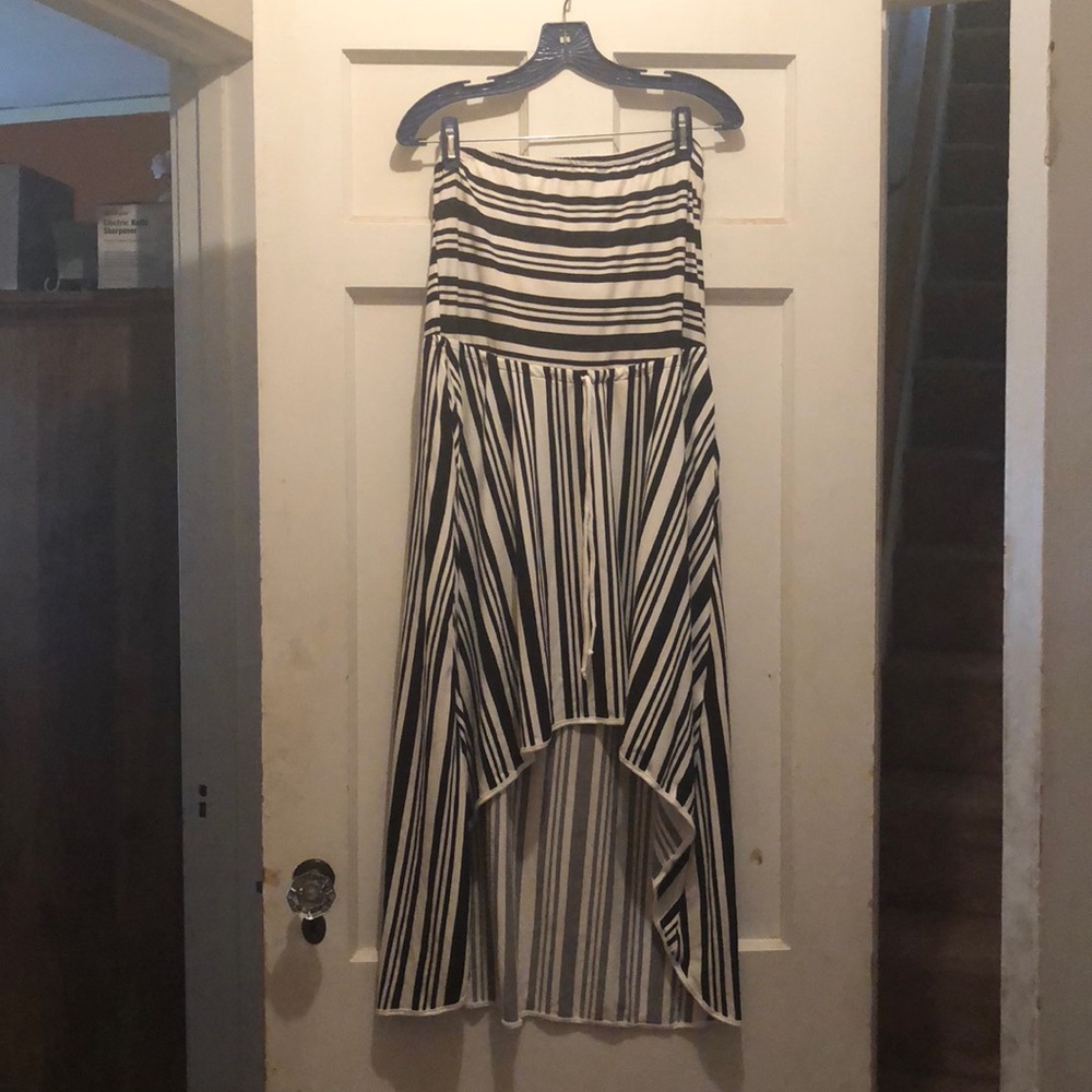Black and white striped, high/low strapless dress